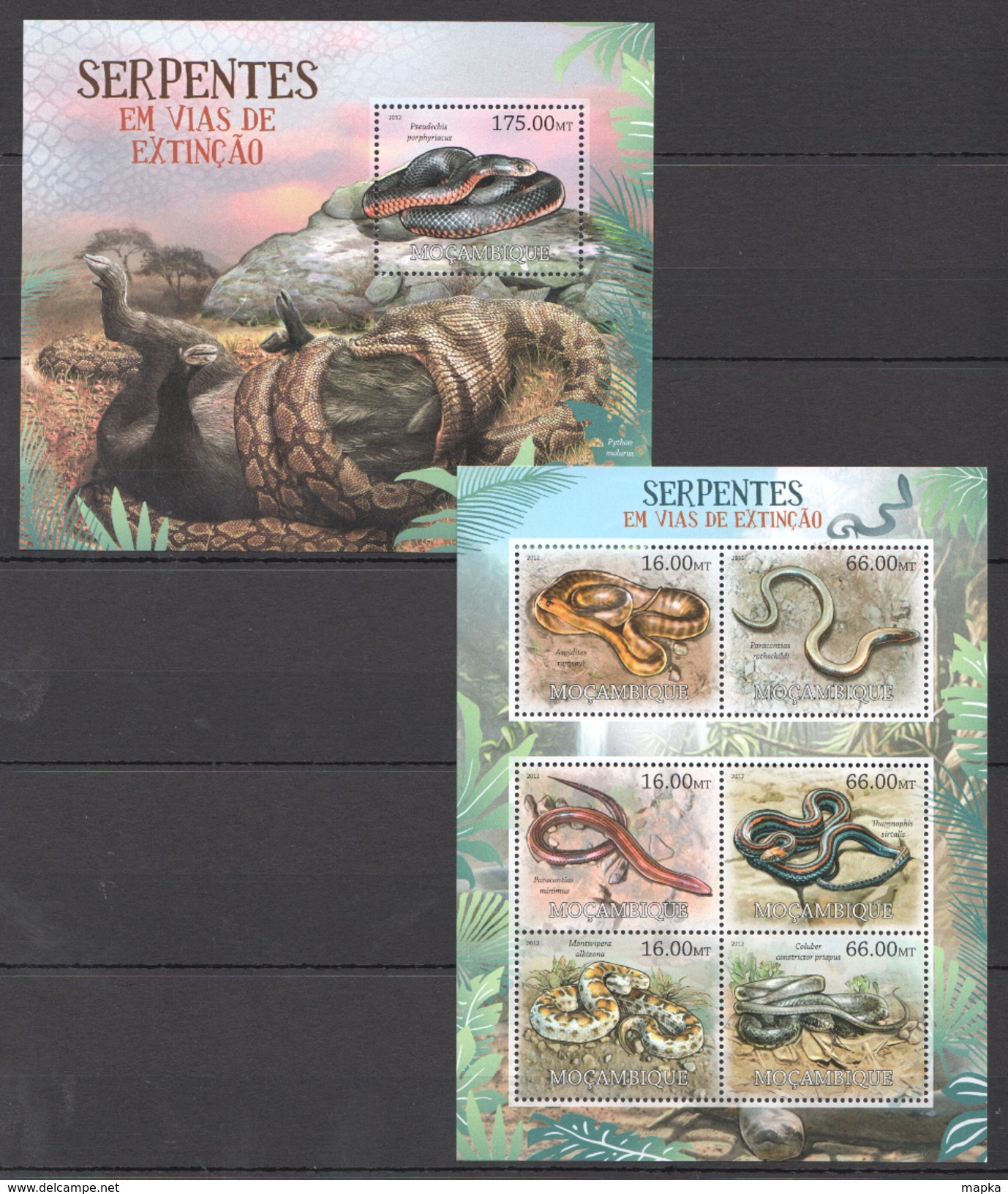 B370 2012 MOCAMBIQUE FAUNA REPTILES SERPENTES EM VIAS DE EXTINCAO 1KB+1BL MNH - Schlangen