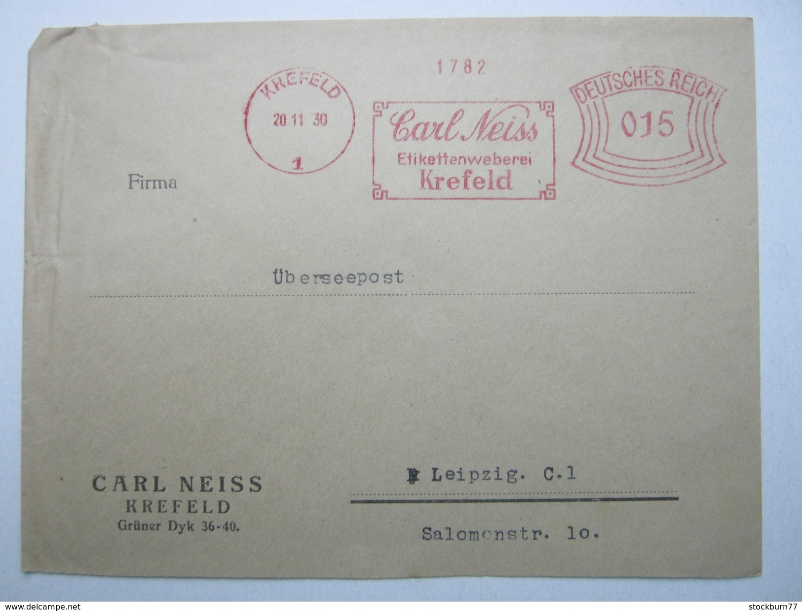 Firmen Freistempel , Meterstempel Auf Beleg Aus   1930 , Krefeld - Briefe U. Dokumente