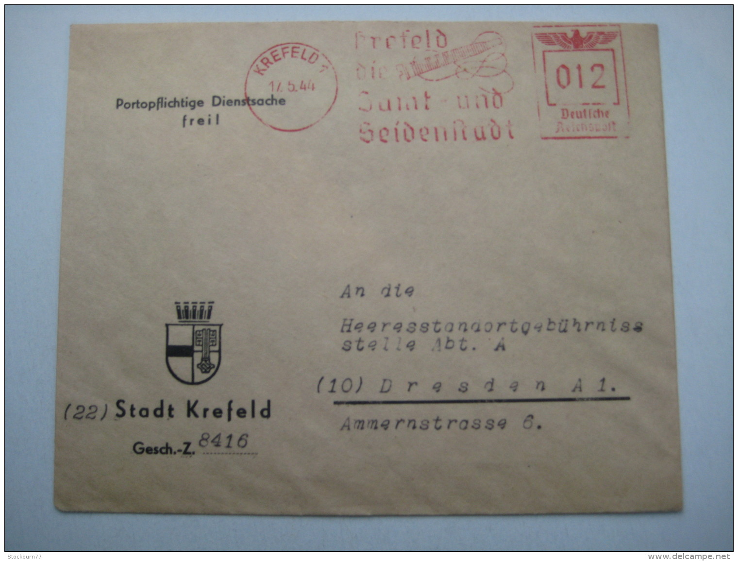 Firmen Freistempel , Meterstempel Auf Beleg Aus   1944, Krefeld - Briefe U. Dokumente