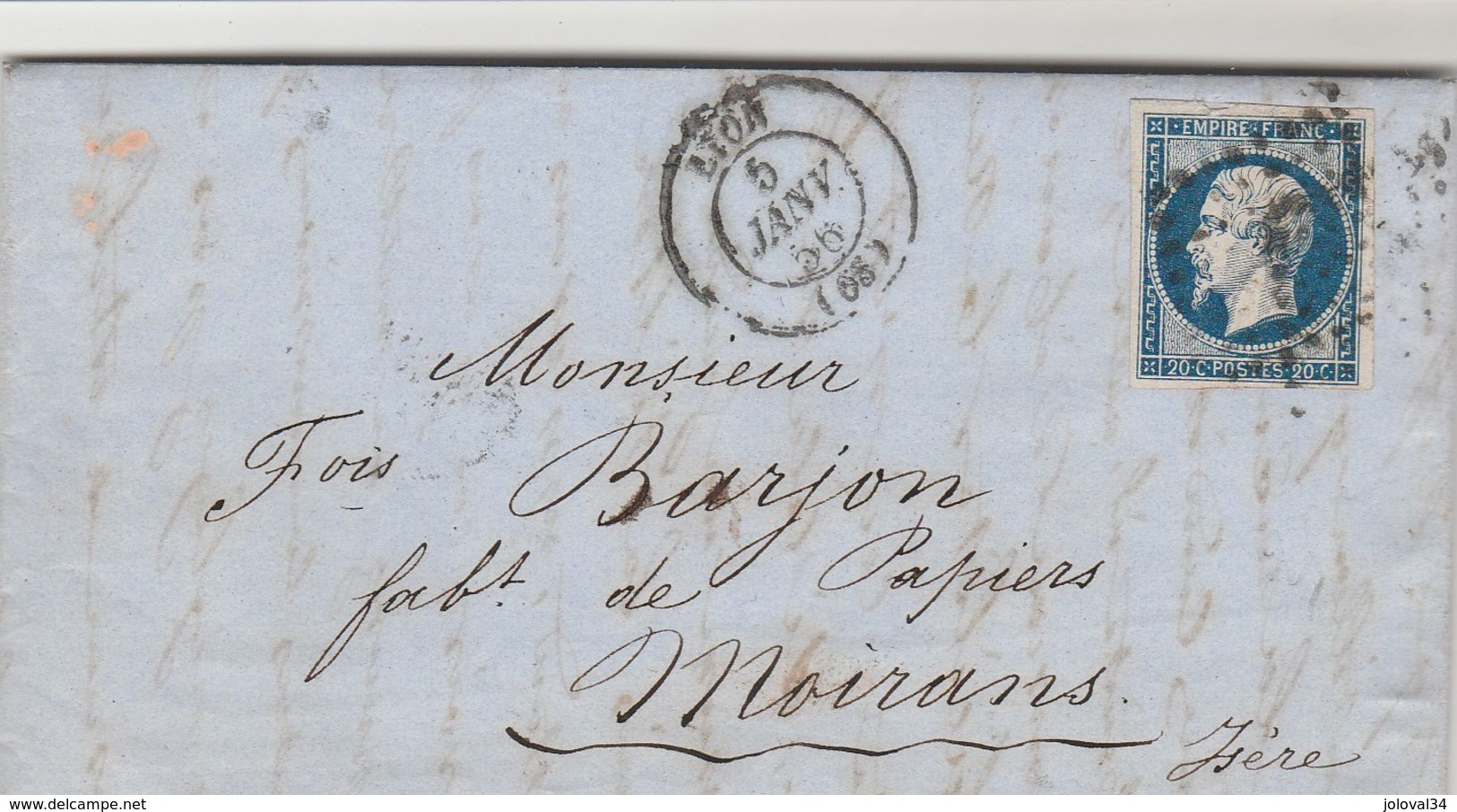 Yvert 14 Belles Marges Sur Lettre Cachet LYON Rhône - 5/1/1856 Pour Moirans Isère - 1853-1860 Napoléon III.