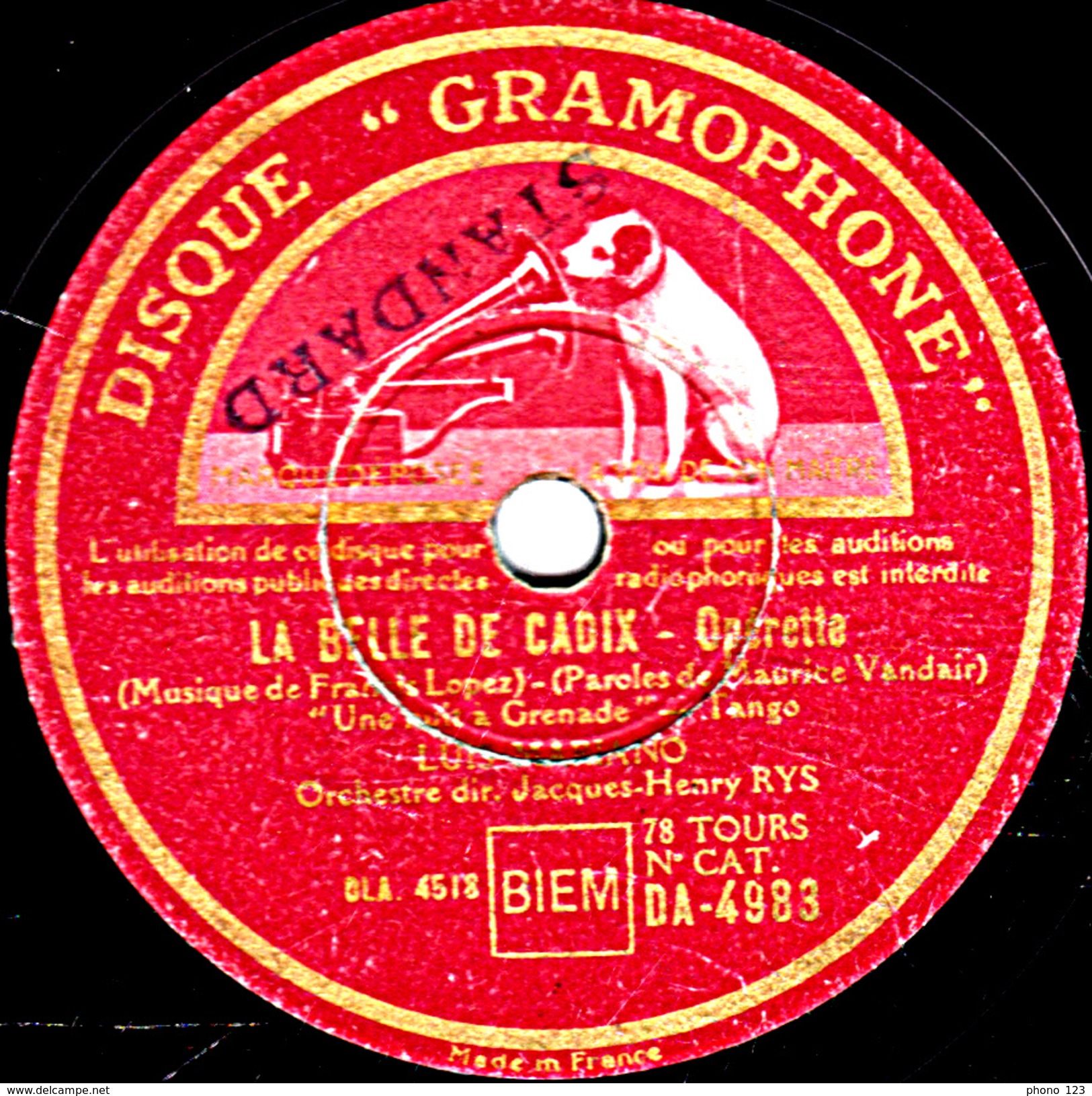 78 T. - 25 Cm - état  B - LUIS MARIANO - LA BELLE DE CADIX - "Une Nuit à Grenade" "Maria-Luisa" - 78 T - Disques Pour Gramophone