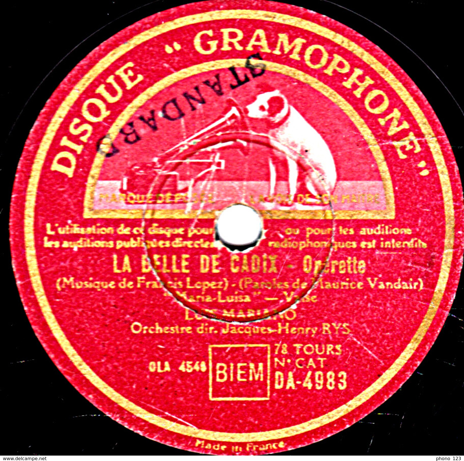 78 T. - 25 Cm - état  B - LUIS MARIANO - LA BELLE DE CADIX - "Une Nuit à Grenade" "Maria-Luisa" - 78 T - Disques Pour Gramophone