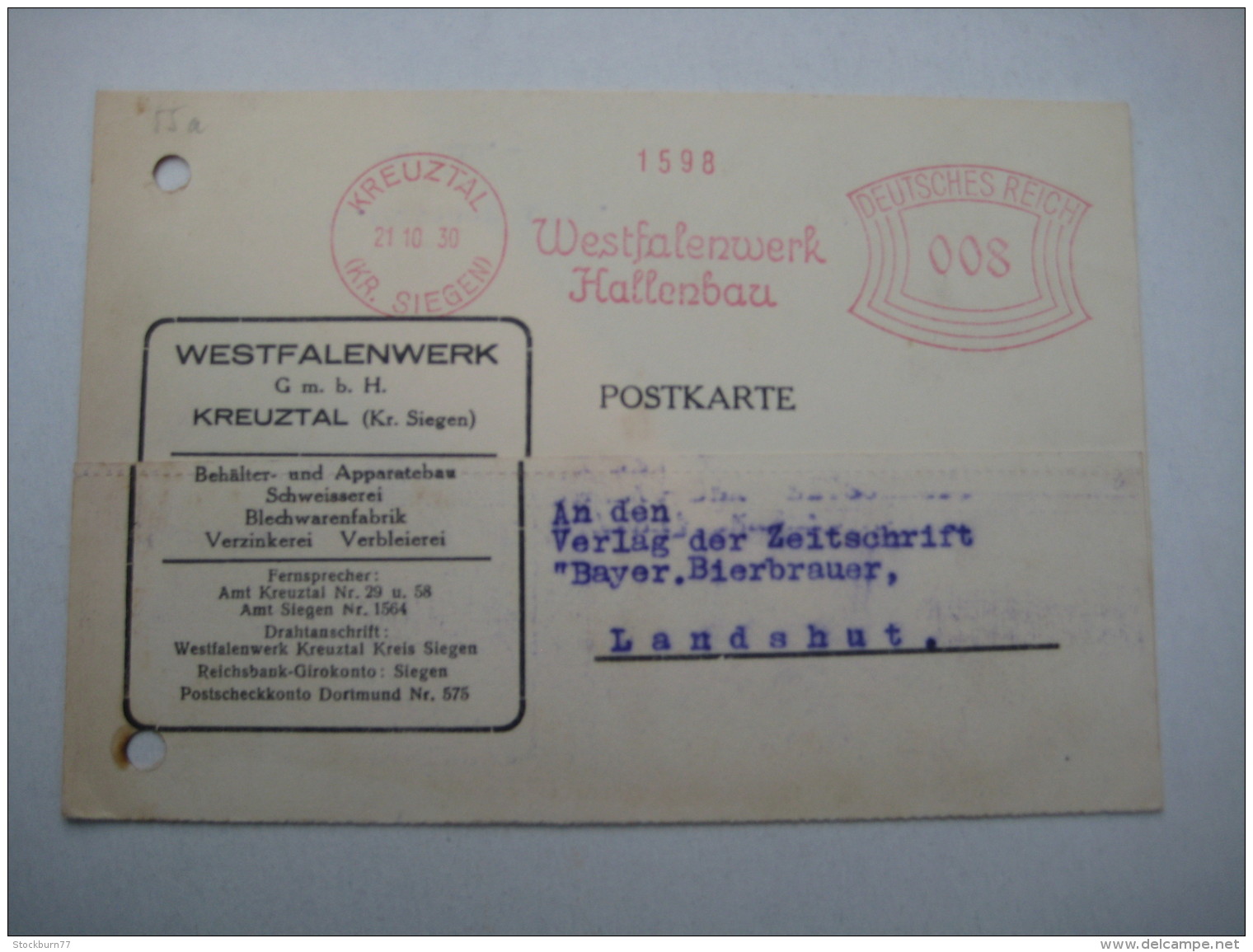 Firmen Freistempel , Meterstempel Auf Beleg Aus   1930 , Kreuztal - Briefe U. Dokumente