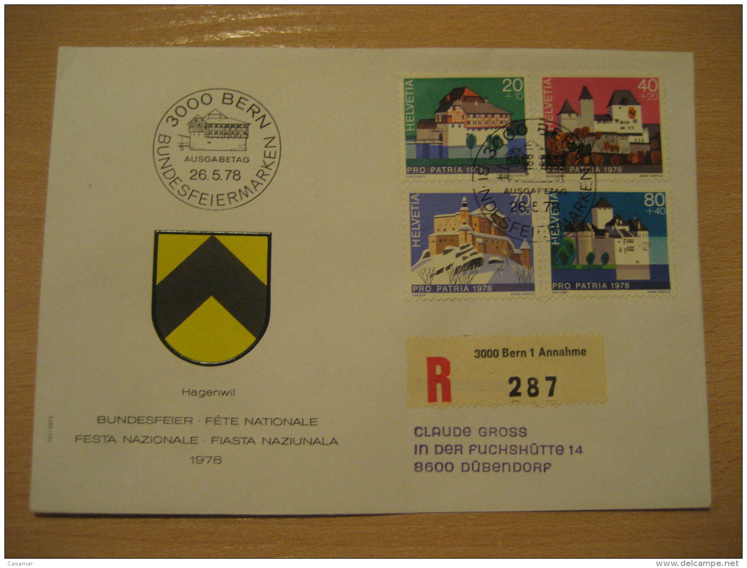 HAGENWIL BURGDORF TARASP CHILLON Castle Chateau Pro Patria BERN 1978 Cancel Registered Cover SWITZERLAND - Covers & Documents