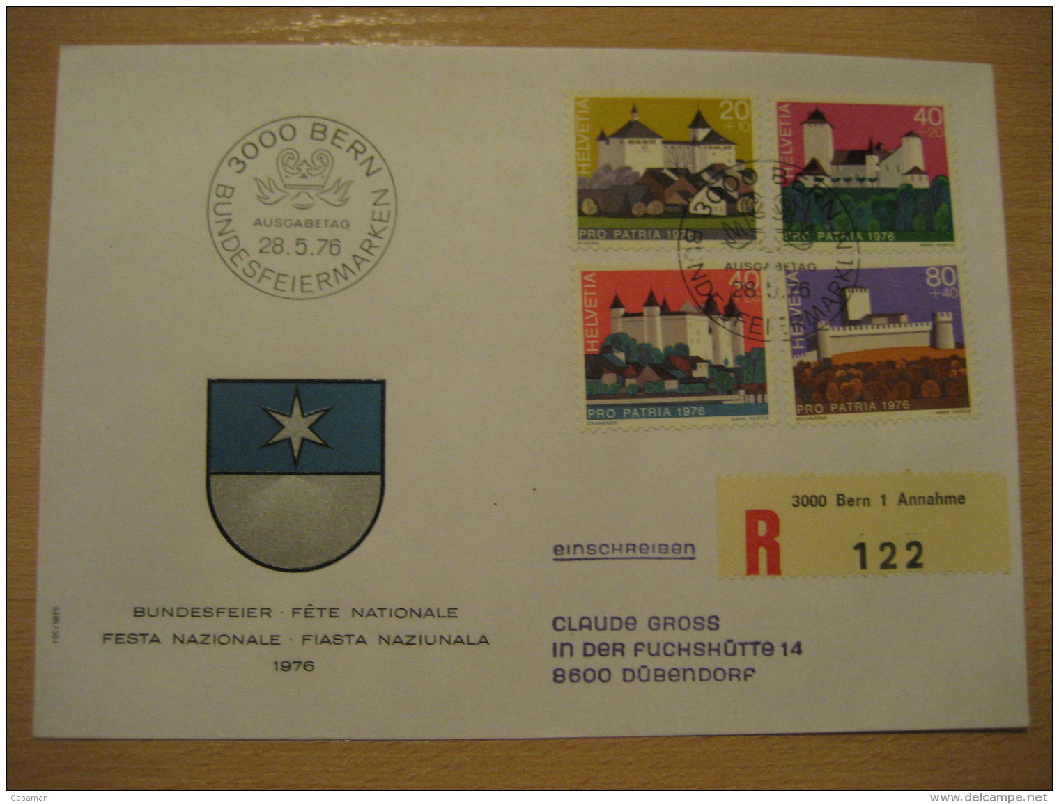 KYBURG MURTEN GRANDSON BELLINZONA Castle Chateau Pro Patria BERN 1976 Cancel Registered Cover SWITZERLAND - Covers & Documents