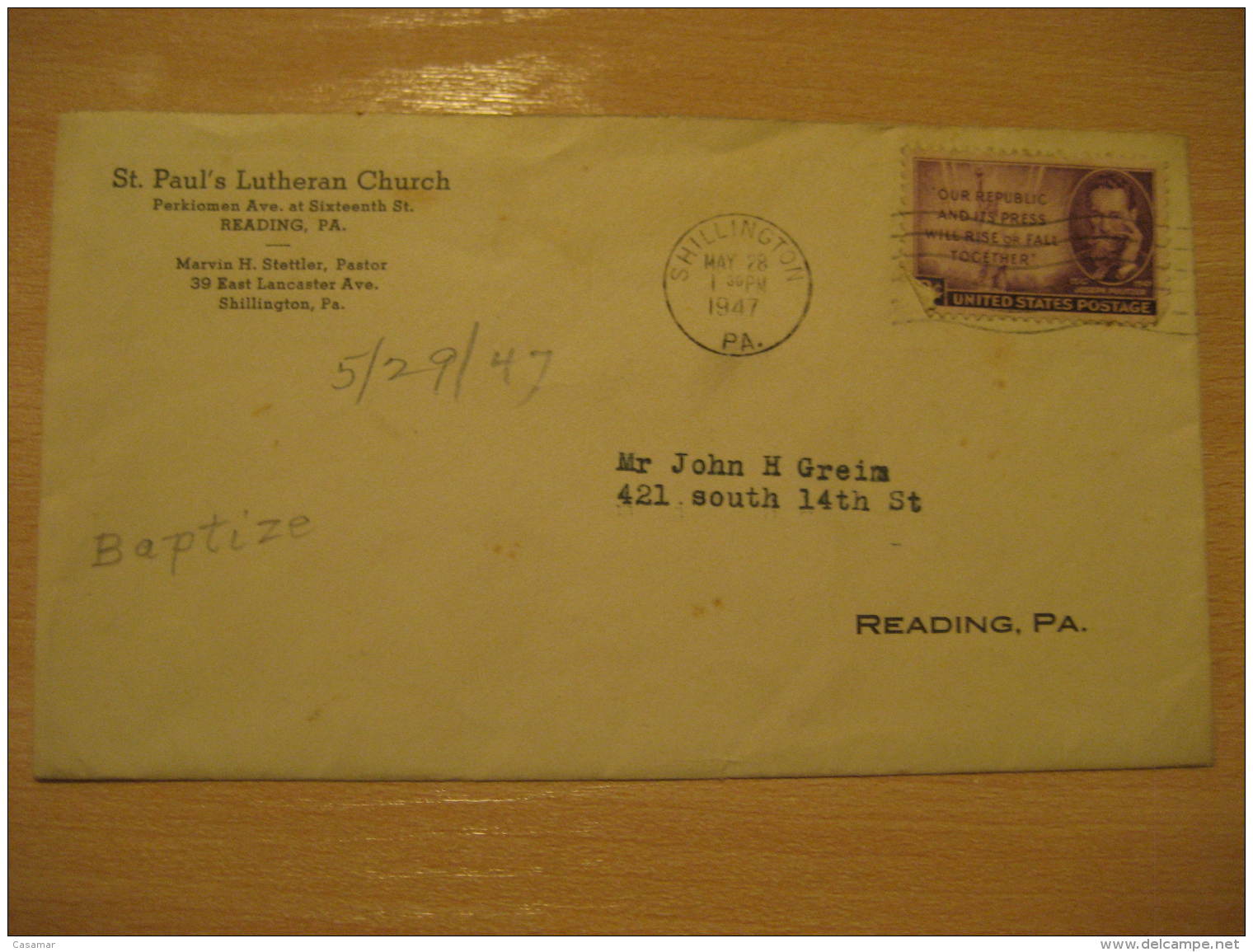 ST. PAUL'S LUTHERAN CHURCH Christianity Religion SHILLINGTON 1947 Corner Cover USA - Christentum