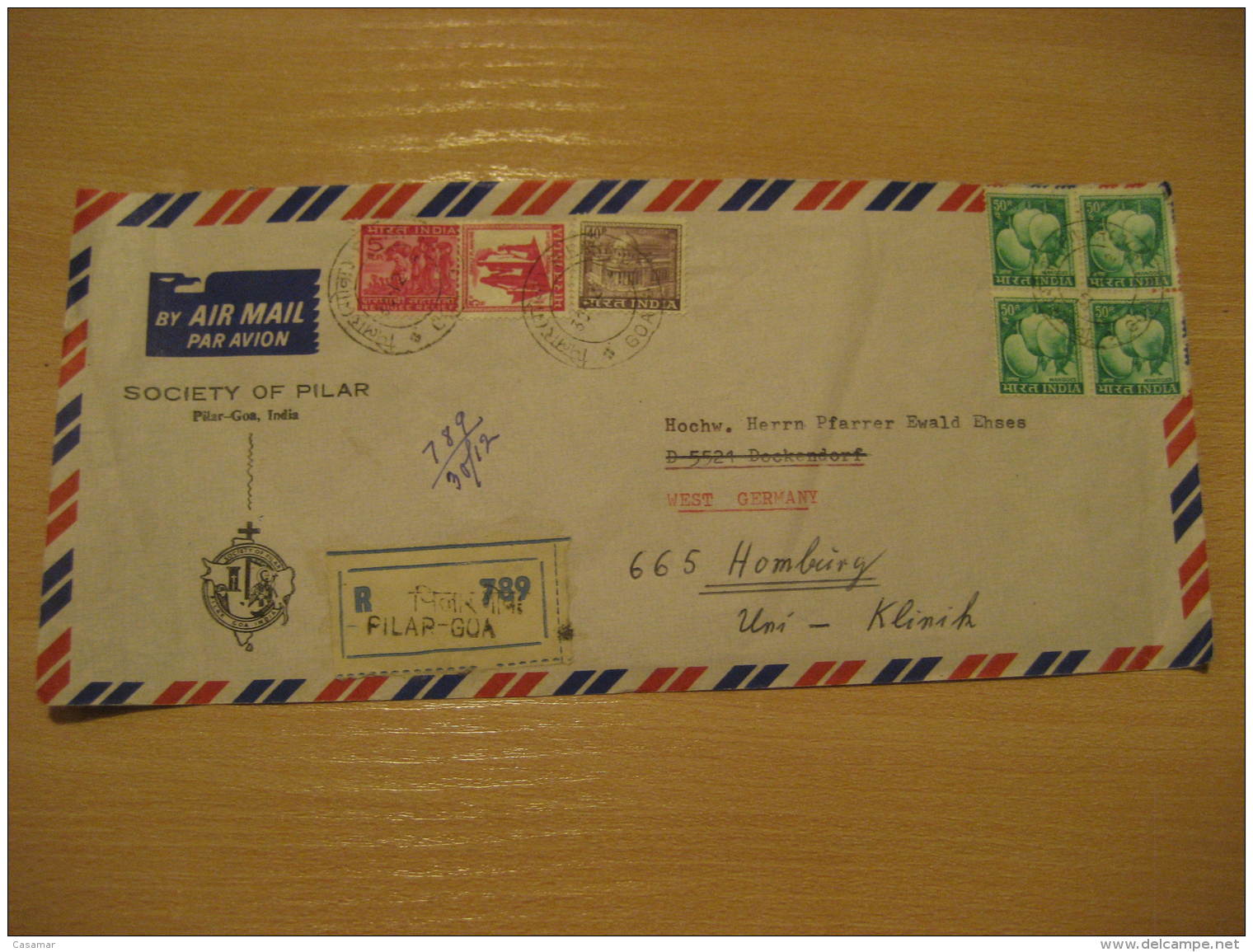 SOCIETY OF PILAR Christianity Religion PILAR GOA 1989 ? Air Mail Registered Cover INDIA - Christentum