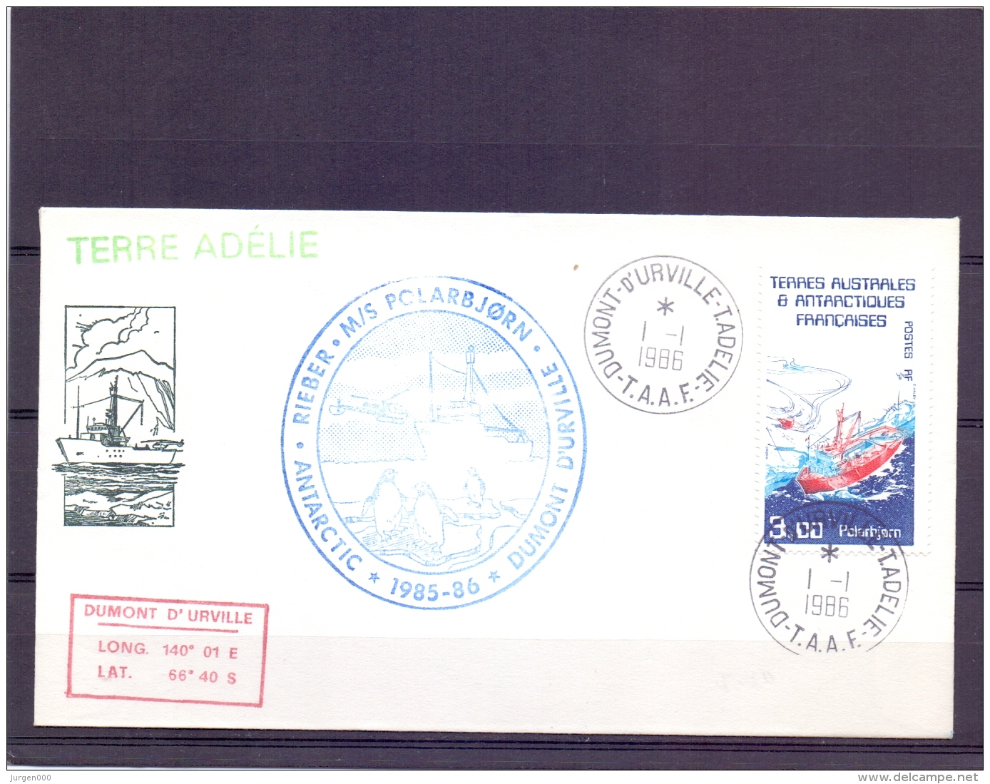 T.A.A.F - M/s Polarbjorn - Dumont D'Urville  T. Adelie  1/1/86   (RM11426) - Lettres & Documents