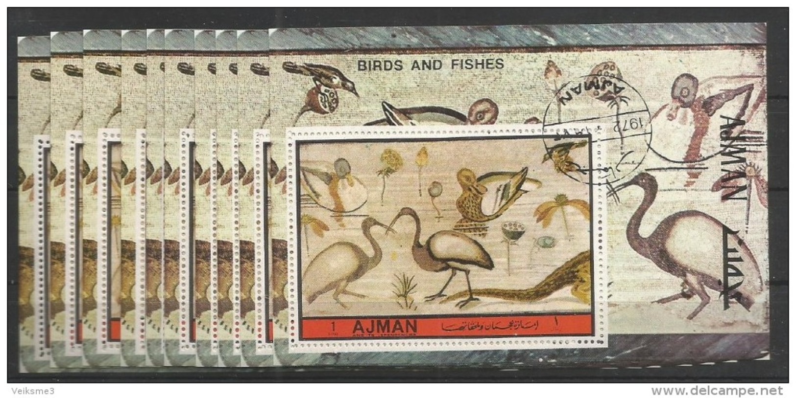 10x AJMAN - Art - Painting - Birds And Fishes - CTO - Sonstige & Ohne Zuordnung