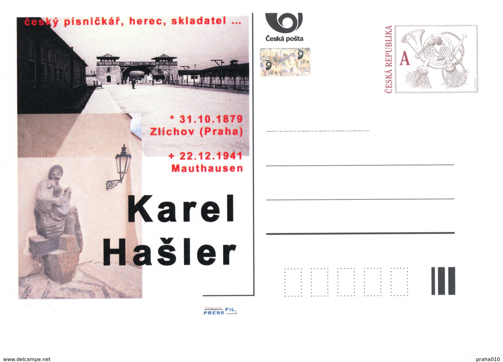 Czech Rep. / Postal Stat. (Pre2016/57) Karel Hasler (1879-1941) Cz. Songwriter, Actor, Lyricist, Film & Theatre Director - Skulpturen