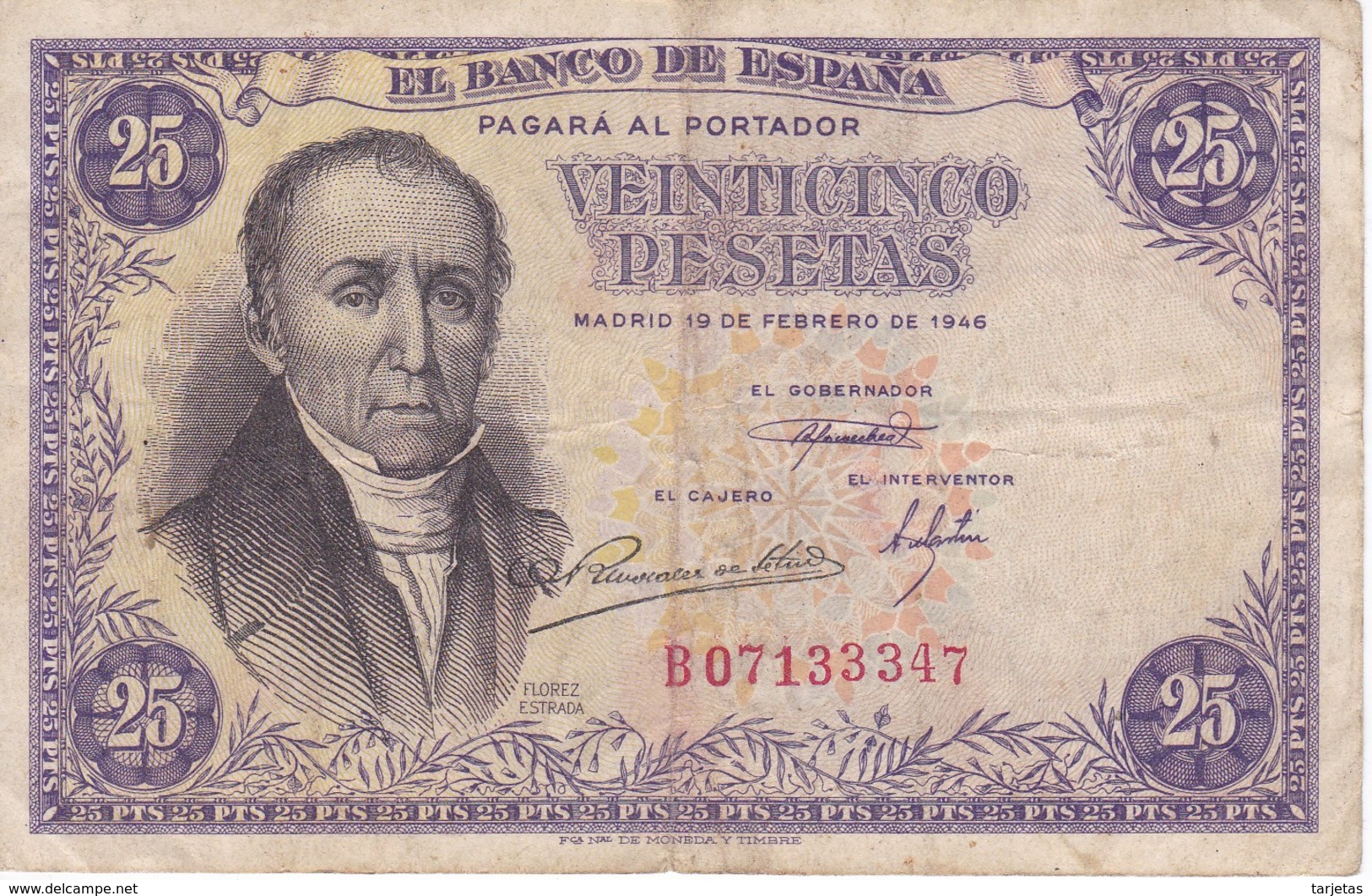 BILLETE DE ESPAÑA DE 25 PTAS DEL 19/02/1946 SERIE B  CALIDAD BC (BANKNOTE) - 25 Pesetas