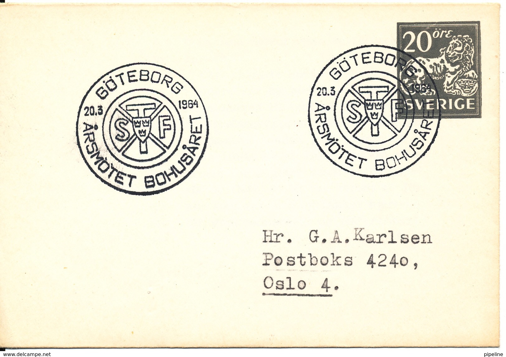 Sweden Small Postal Stationery Cover With Special Postmark STF Arsmötet Bohusaret Göteborg 20-3-1964 - Enteros Postales