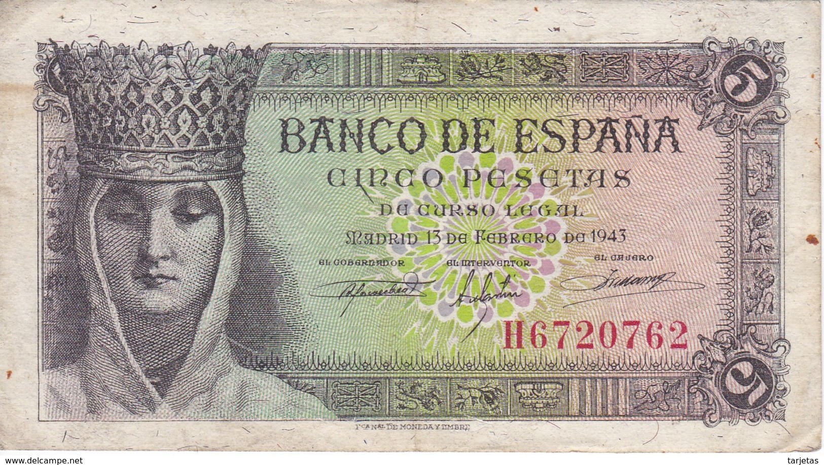 BILLETE DE ESPAÑA DE 5 PTAS DEL 13/02/1943 SERIE E CALIDAD MBC  (BANKNOTE) - 5 Peseten
