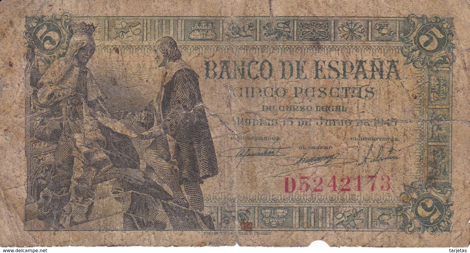 BILLETE DE ESPAÑA DE 5 PTAS DEL 15/06/1945 SERIE D CALIDAD RC  (BANKNOTE) - 5 Pesetas