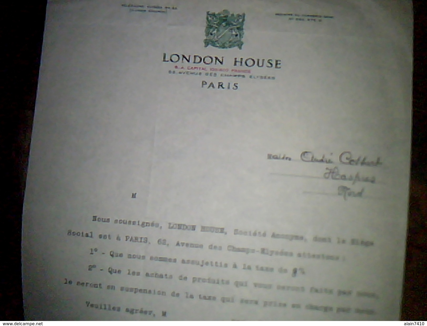 Document A Entete Assujetisement A La Taxe 8/100 London House Paris - Royaume-Uni