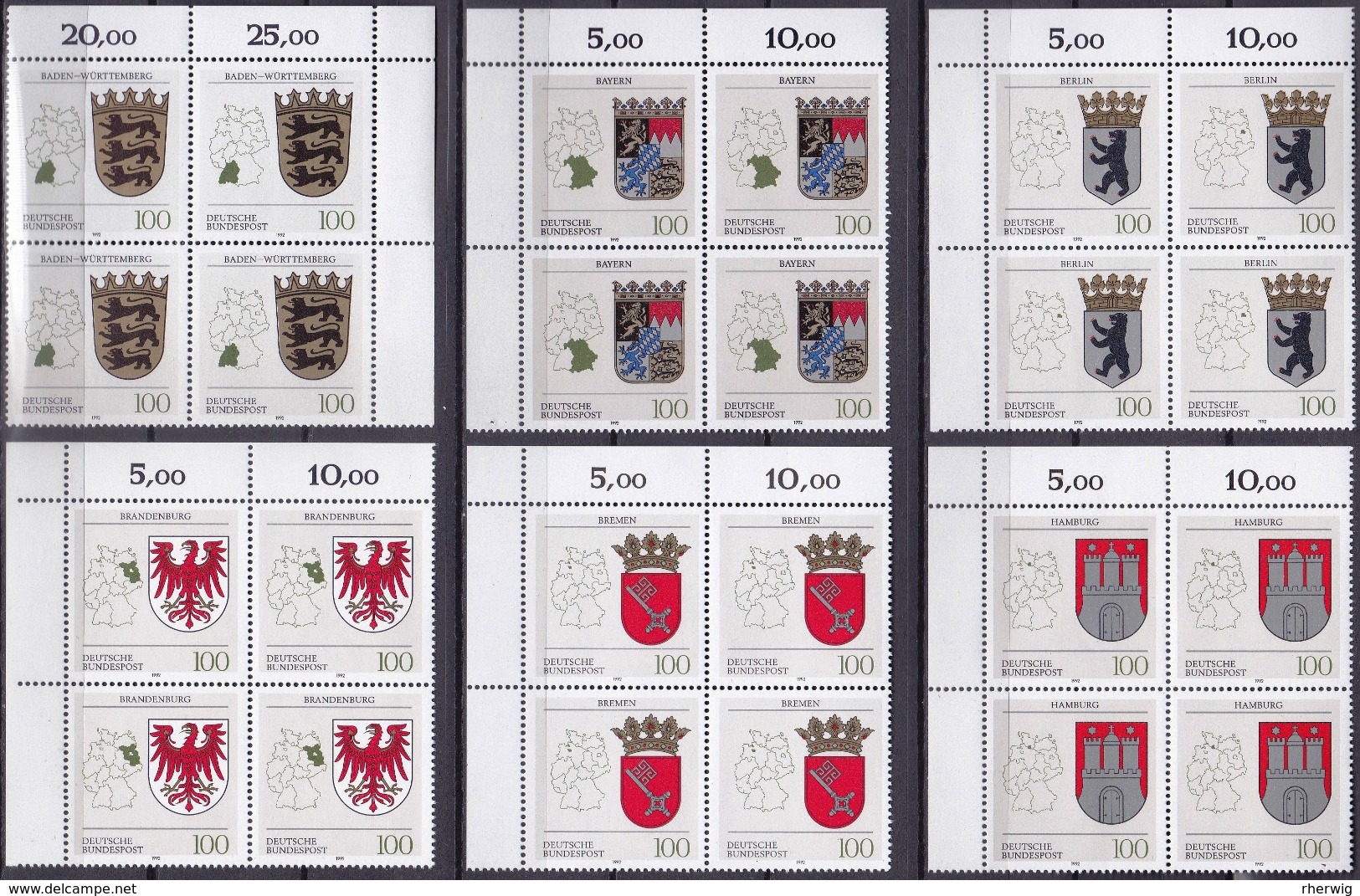 BRD, 1992 Nr. 1586-1591 **,  6 Viererblöcke Mit ER Oben,  "Wappen Der Länder Der BRD" - Ungebraucht