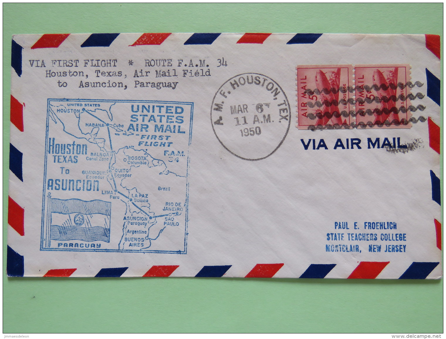 USA 1950 First Flight Cover Houston (Paraguay Back Cancel) To Montclair - Map - Planes (coil) - Brieven En Documenten