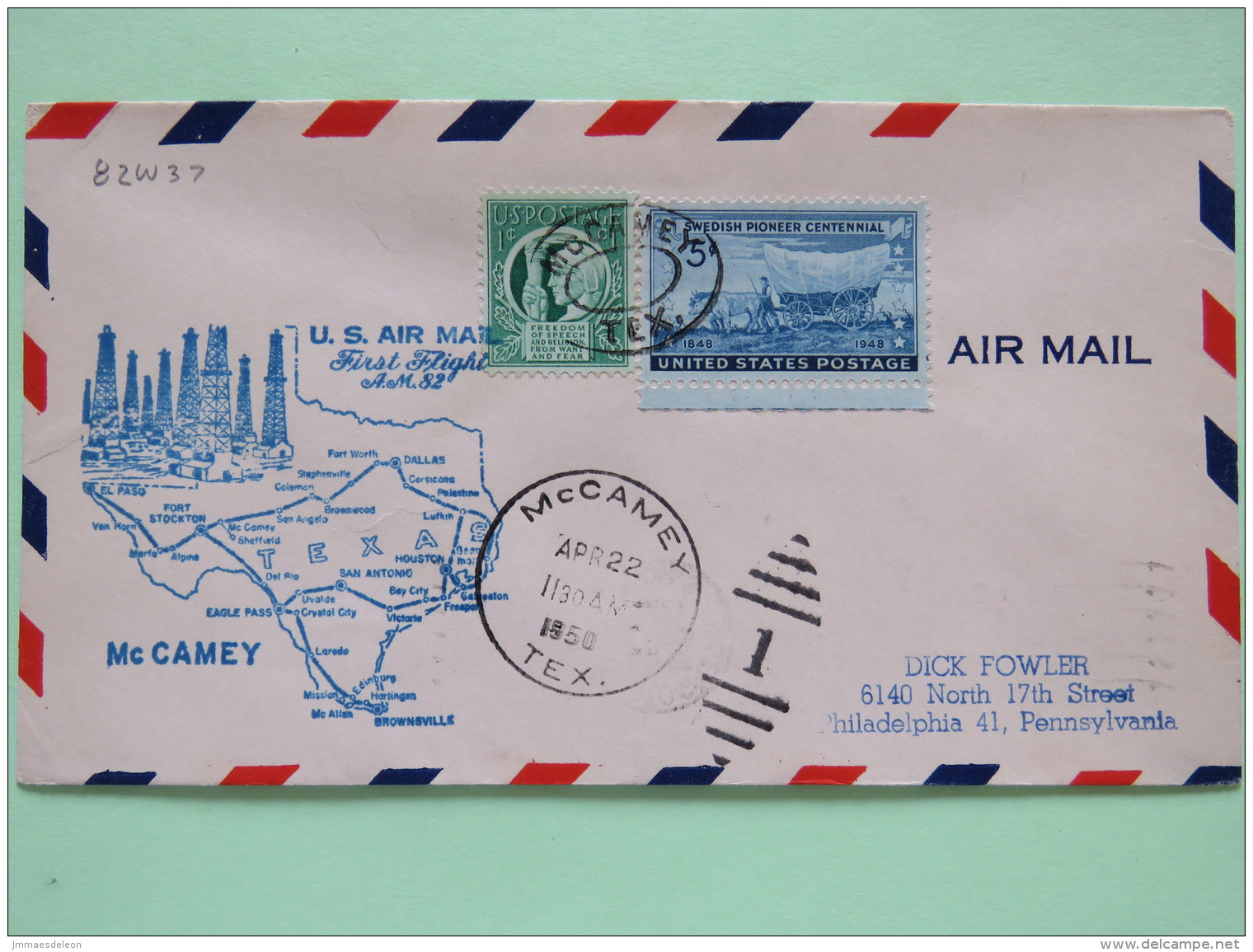 USA 1950 First Flight Cover McCamey (Fort Stockton Back Cancel) To Philadelphia - Map - Petroleum Field - Swedish Pionee - Covers & Documents