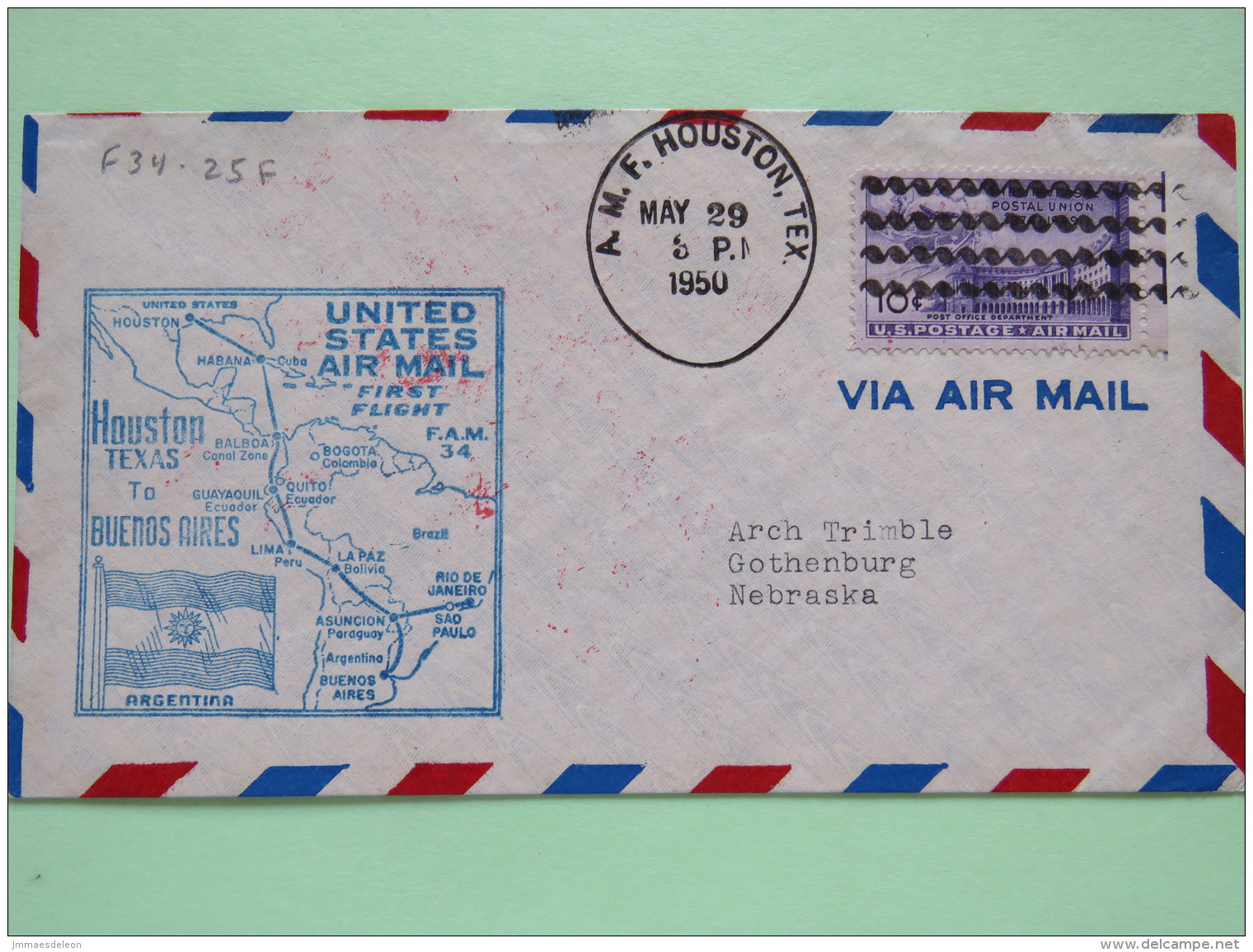 USA 1950 First Flight Cover Houston (Argentina Back Cancel) To Gothenberg - Plane Map Flag - UPU - Lettres & Documents