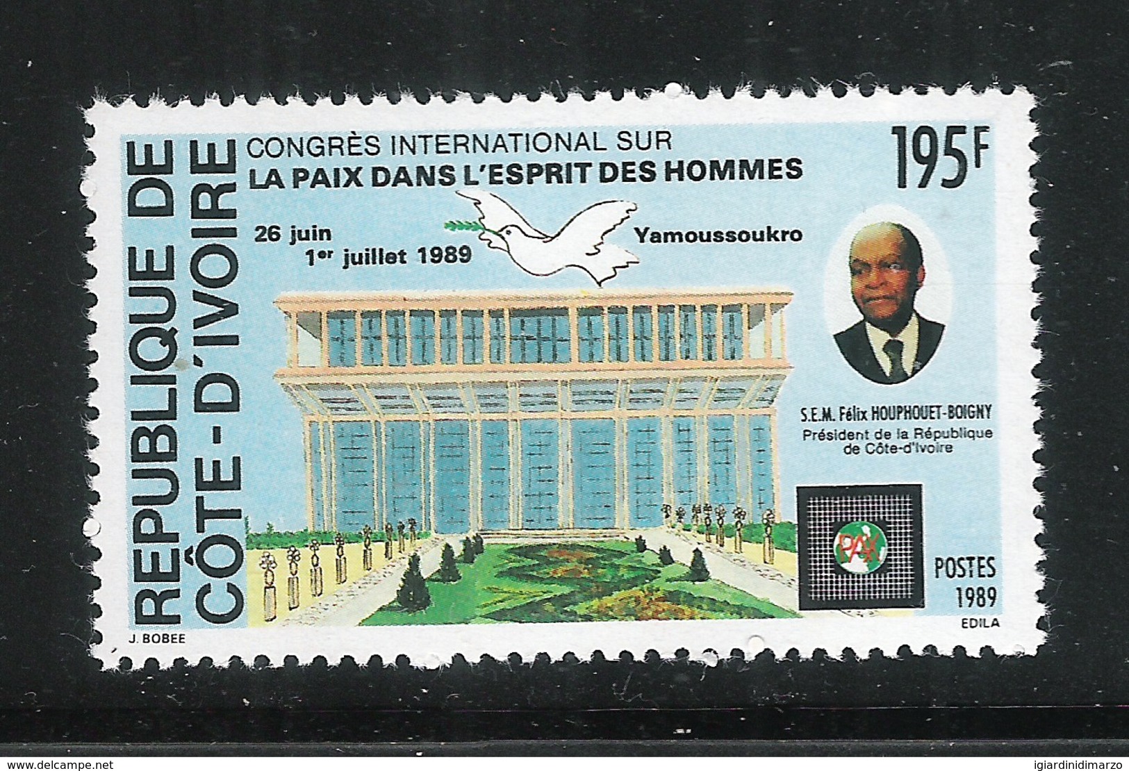 REPUBLIQUE DE COTE-D'IVOIRE- 1989- Valore Nuovo Stl Da 195 F. - Congresso Internaz. Della PACE - In Buone Condizioni. - Costa D'Avorio (1960-...)