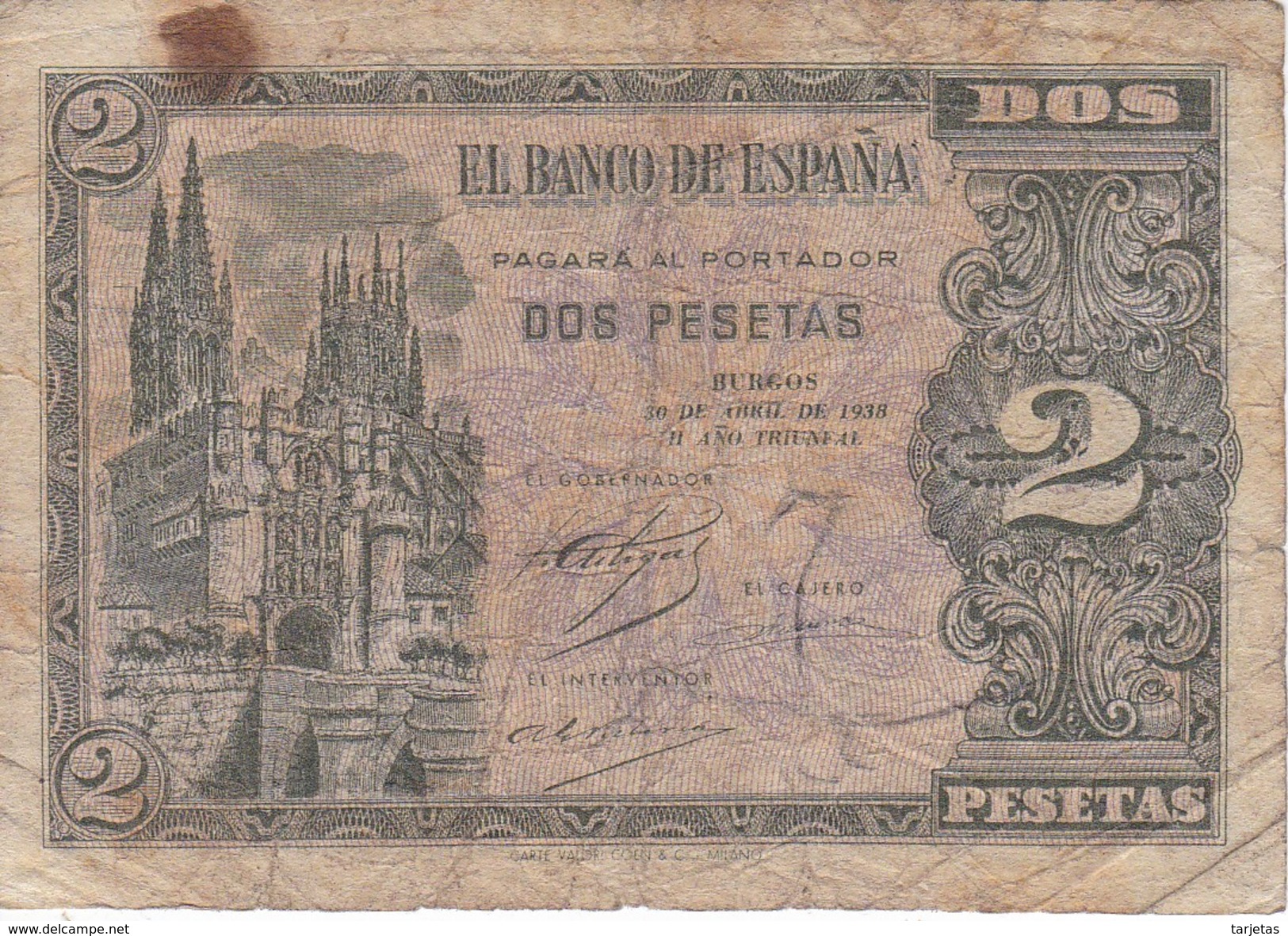 BILLETE DE 2 PTAS DE 1938 CATEDRAL DE BURGOS SERIE L  (BANKNOTE) - 1-2 Peseten