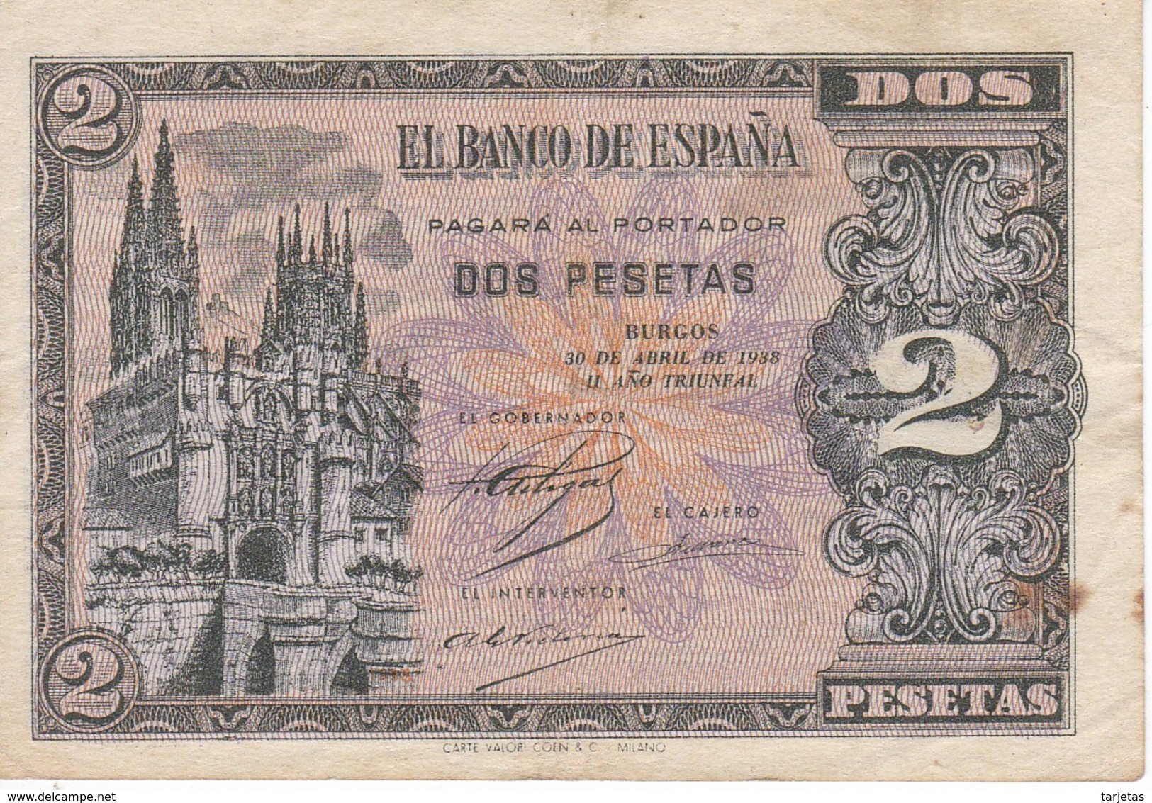 BILLETE DE ESPAÑA DE 2 PTAS  DEL AÑO 1938 SERIE M CALIDAD MBC (VF) (BANKNOTE) - 1-2 Peseten