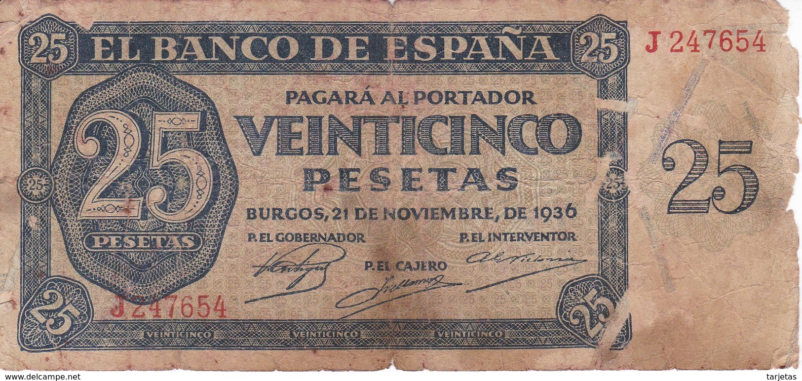 BILLETE DE ESPAÑA DE 25 PTAS DEL 21/11/1936 SERIE J CALIDAD  RC (BANKNOTE) - 25 Peseten