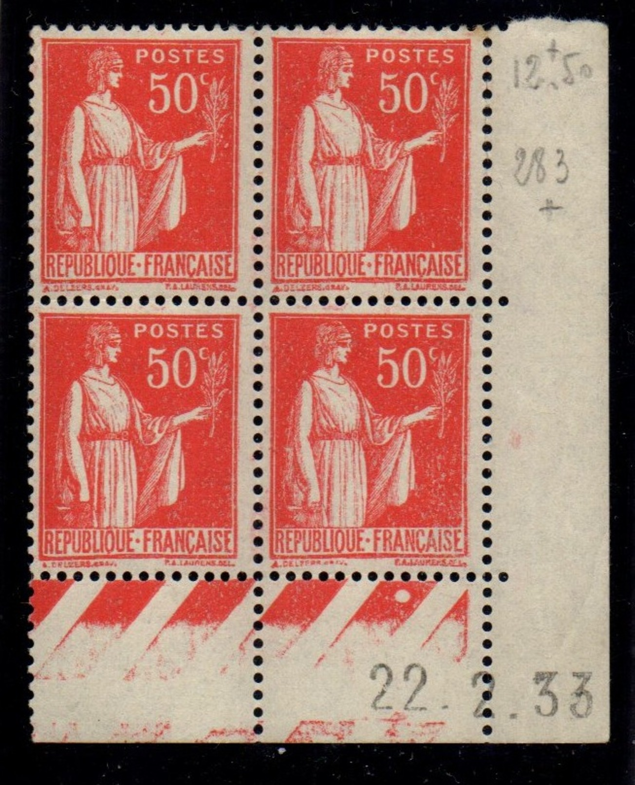 CD0277	N°283 - 50c Rouge Type Paix - Coin Daté 22/2/33 ** - 1930-1939