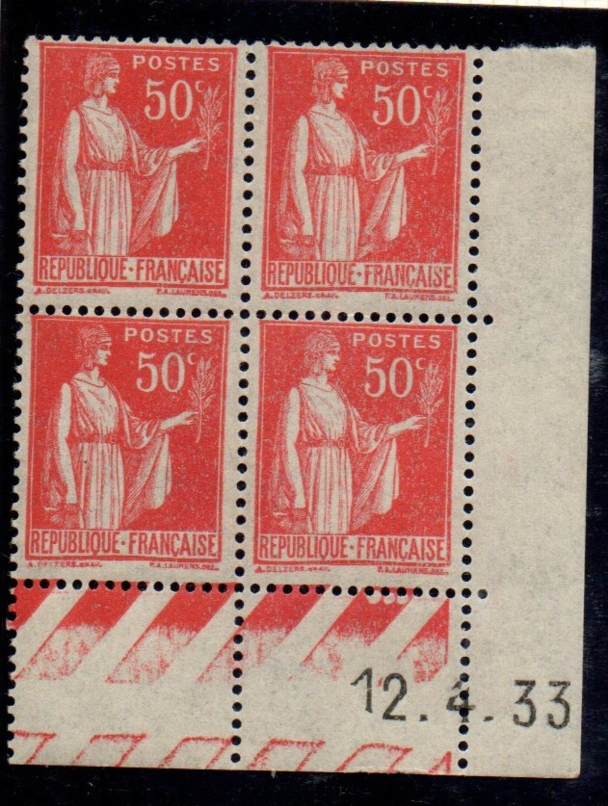 CD0278	N°283 - 50c Rouge Type Paix - Coin Daté 12/4/33 ** - 1930-1939