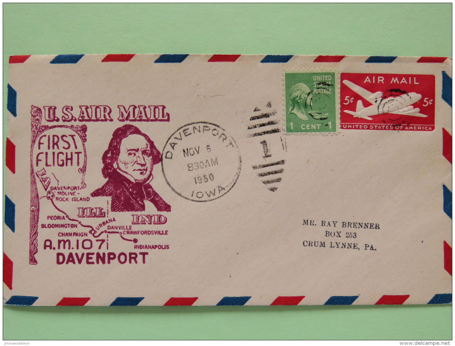 USA 1950 First Flight Stationery Cover Davenport (Indianapolis Back Cancel) To Crum Lynne - Map - Plane - Washington - Covers & Documents