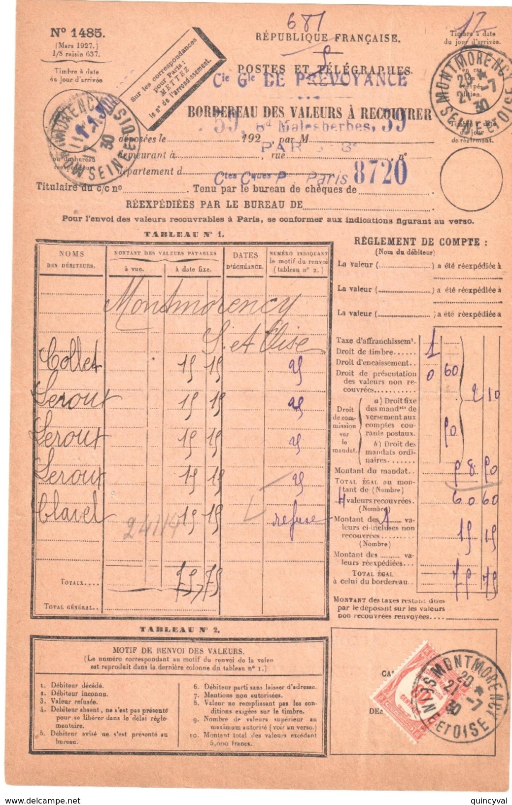 3775 Bordereau Valeur Recouvrée 1485 60c Rouge Taxe à Percevoir N°58  Ob Montmorency Seine Et Oise 1930 Formule Entière - Storia Postale