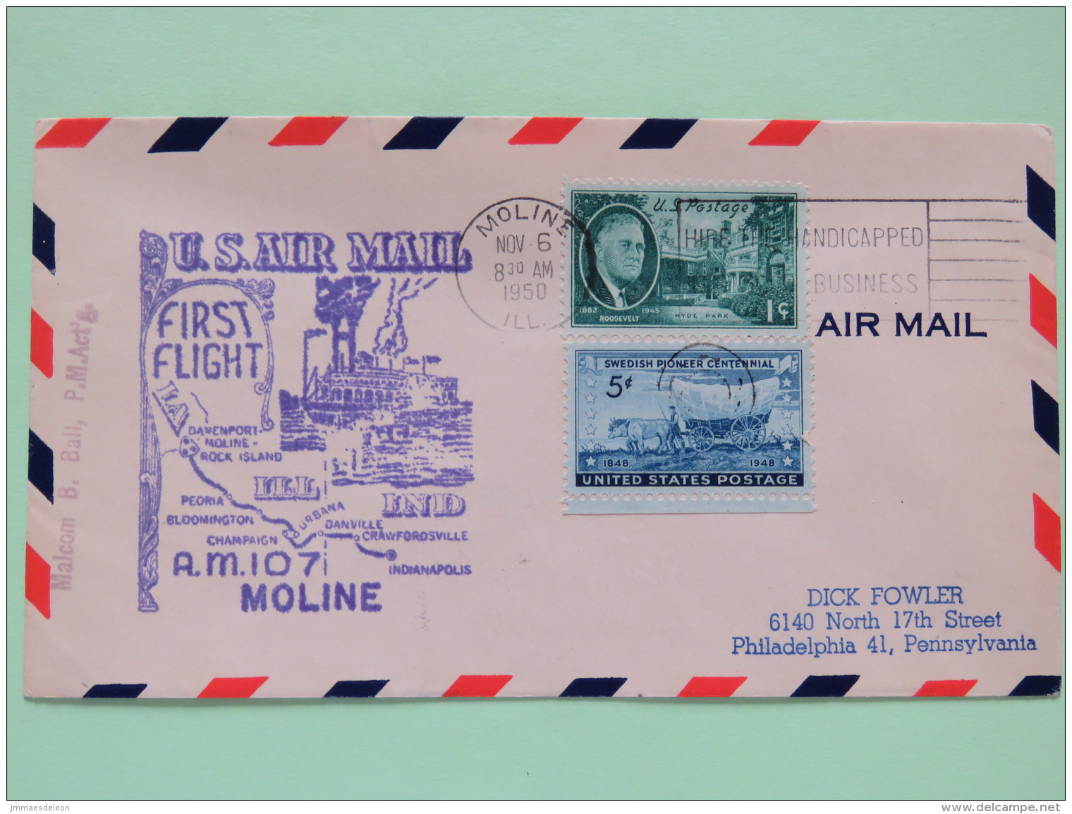 USA 1950 First Flight Cover Moline (Indianapolis Back Cancel) To Philadelphia - Map - Industry - Swedish Pioneers Ox Wag - Brieven En Documenten