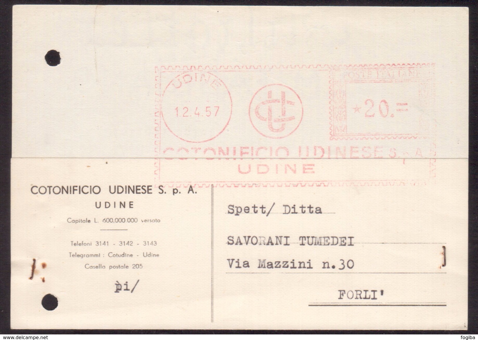 TI41      COTONIFICIO UDINESE Affrancatura Meccanica Rossa, EMA 1957 Udine - Macchine Per Obliterare (EMA)