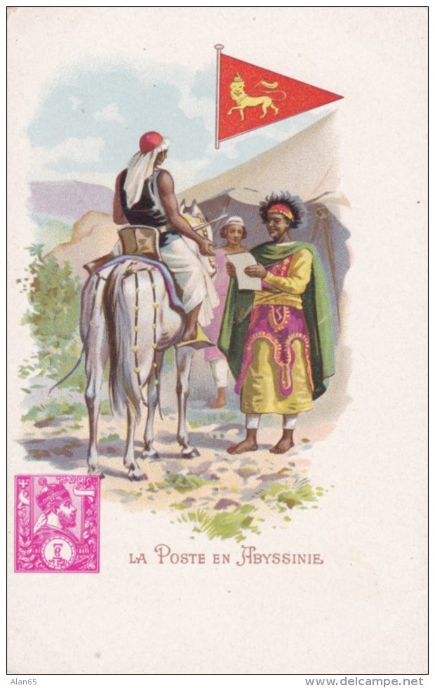 Abyssinia (Ethiopia) Postal Service Mailman, Stamp &amp; Flag Illustration, C1900s Vintage Postcard - Stamps (pictures)