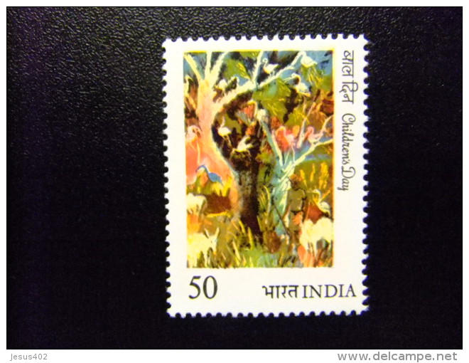 INDIA INDE 1984 Día De Los Ni&ntilde;os Pintura Cazador En El Arbusto Y Pajaro Yvert 819 ** MNH - Nuevos