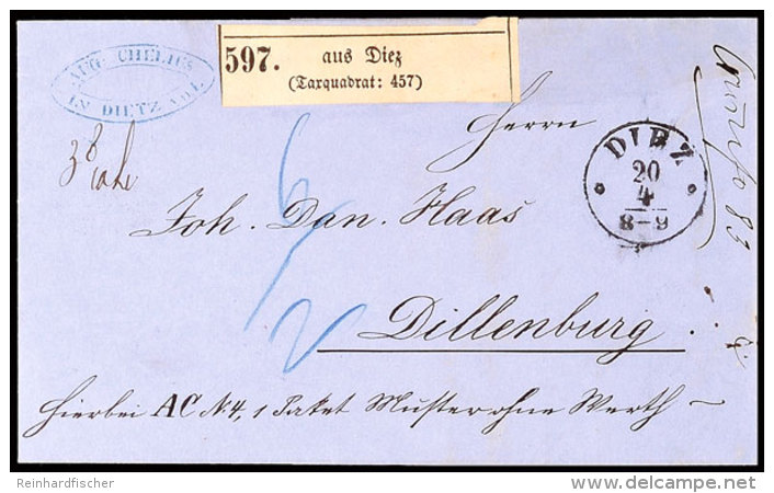 "DIEZ 20 4 (1865)" - K1, Auf In Blau "6 / 2" Austaxiertem Paketbegleitbrief, Nebst Taxquadrat-Paketnummernzettel... - Other & Unclassified