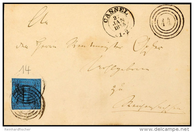 "14" Nebst K2 "CASSEL 27 JAN 1855" Auf Postbezirksbrief 1 Sgr. A. Dunkelblau Nach Reichensachsen (Ankstpl). Der... - Sonstige & Ohne Zuordnung