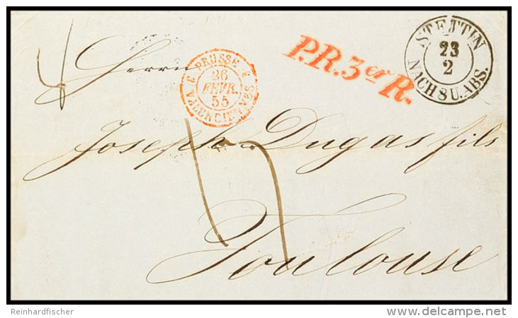 1855, Porto-Brief Mit K2 "STETTIN 23 2 NACH 8 U. ABS." Nebst Rotem L1 "P.R. 3er R." (Aachen) Und Rotem... - Sonstige & Ohne Zuordnung