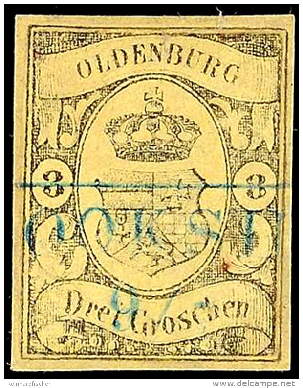 3 Gr. A. Lebhaftgraugelb, Allseits Vollrandig Wirkendes, Restauriertes Exemplar (hinterlegt, R&auml;nder... - Oldenburg