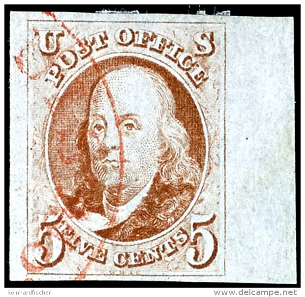 1847, 5 Cent Orangebraun, Vom Rechten Bogenrand, Sauber Gestempelt Mit Rotem Einkreisstempel, Kabinett, Fotoattest... - Other & Unclassified