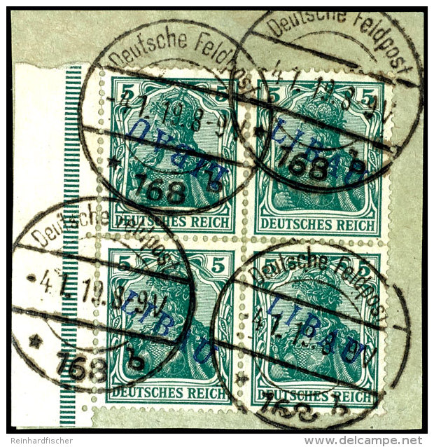 5 Pfg Germania Dunkelbl&auml;ulichgr&uuml;n Mit Violettblauem Aufdruck "LIBAU" In Type II, Viererblock Vom Linken... - Other & Unclassified