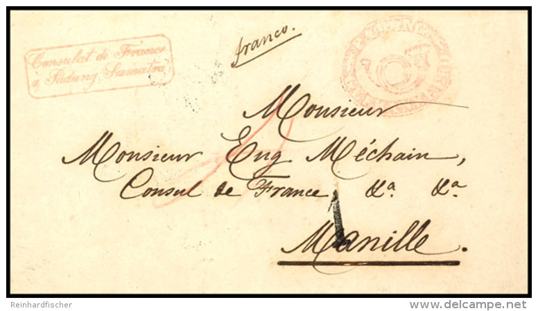 Incoming Mail: 1851, Faltbriefh&uuml;lle Mit Rotem Posthorn-Stempel Von Padang Mit Rotem Absender-Stempel "Consulat... - Philippines