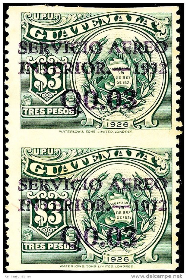 0,03 Q. Auf 3 P Flugpostmarke 1932, Abart "senkrechtes Paar, Waagerechte Ungez&auml;hnt", Postfrisch - Gummierung... - Guatemala