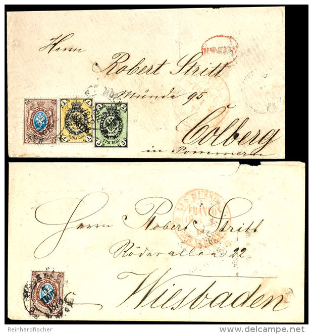 10 Kop. Mit 1 Und 3 Kop. Auf Brief (gefaltet) Nach Colberg 1872, 10 Kop. Einzelfrankatur Nach Wiesbaden 1873 (je... - Sonstige & Ohne Zuordnung
