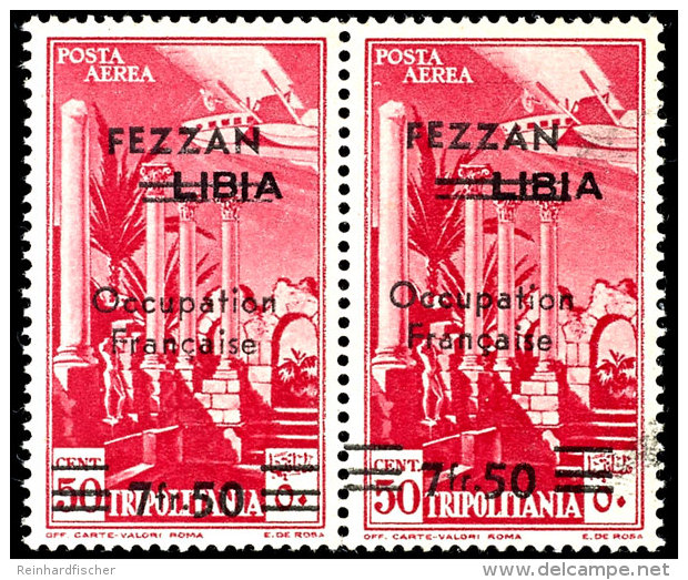 FEZZAN: 7,50 Fr. Auf 50 C. Flugpostmarke Im Waagerechten Paar, Linke Marke Mit Nach Unten Verschobenem Aufdruck,... - Libyen