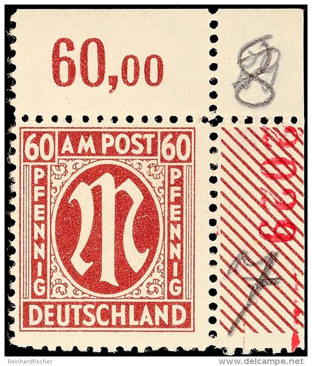 60 Pf. Karminbraun, Re. Obere Bogenecke Mit Roter Z&auml;hlnummer, Tadellos Postfrisch, Fotokurzbefund A. Schlegel... - Other & Unclassified