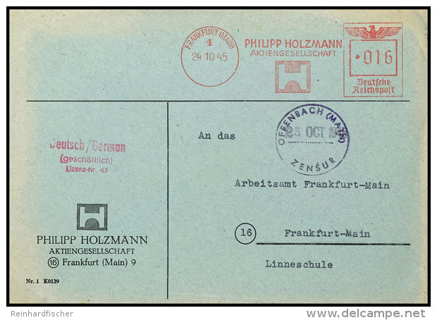 1945, "OFFENBACH (MAIN) ZENSUR (25.OCT.1945), Violetter Zensur-Stempel Klar Auf Ortsbrief Mit 16 Pfg.... - Sonstige & Ohne Zuordnung