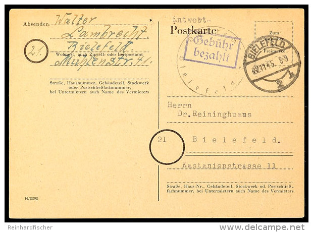 BIELEFELD 2, 6 Pfg GS-Postkarte, Violetter Geb&uuml;hr Bezahlt-Stempel, Schwarzes Dienstsiegel, Als... - Other & Unclassified