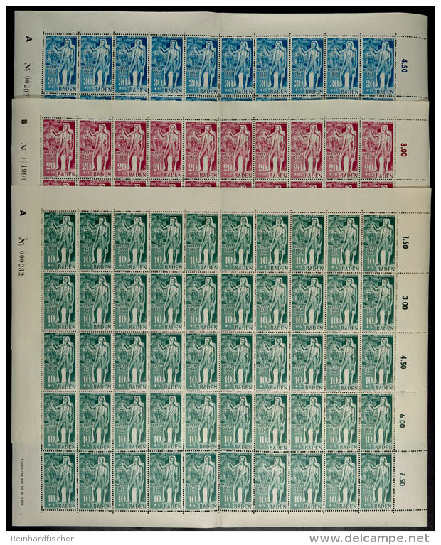 10 Bis 30 Pf. Rastatt, Kompletter Postfrischer Bogensatz Mit Druckdaten 19., 18. Bzw. 16.8.1949 (mittig Senkr.... - Other & Unclassified