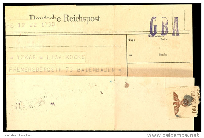 1946, Violetter Zensur-L1 "GBA" Auf Telegramm-Formular Aus Baden-Baden F&uuml;r Ein Telegramm Aus Karlsruhe Mit... - Sonstige & Ohne Zuordnung